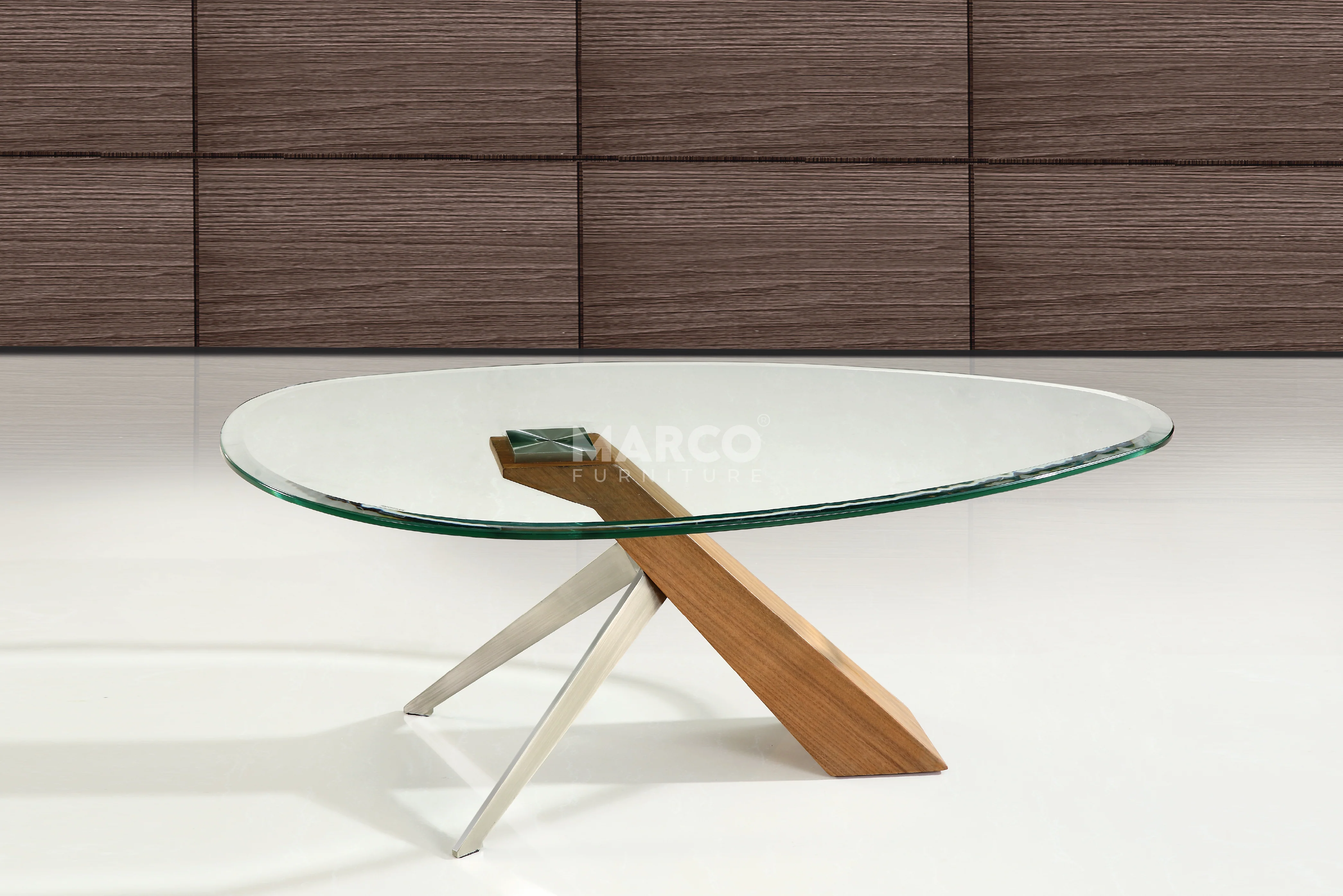 Arco Glass Coffee Table with Ash Wood Base and 12mm Tempered Glass Top - Image 3