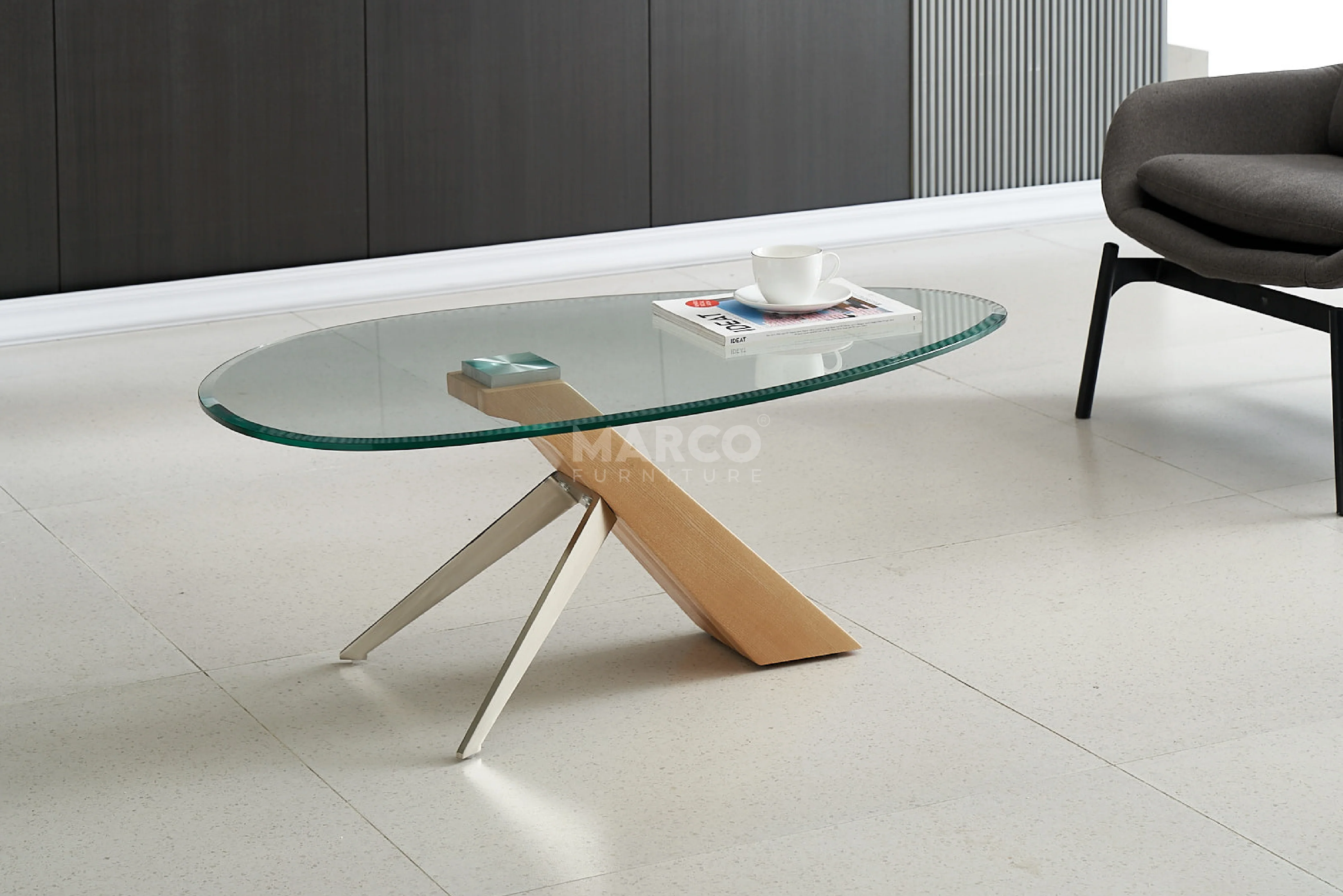 Arco Glass Coffee Table with Ash Wood Base and 12mm Tempered Glass Top - Image 4