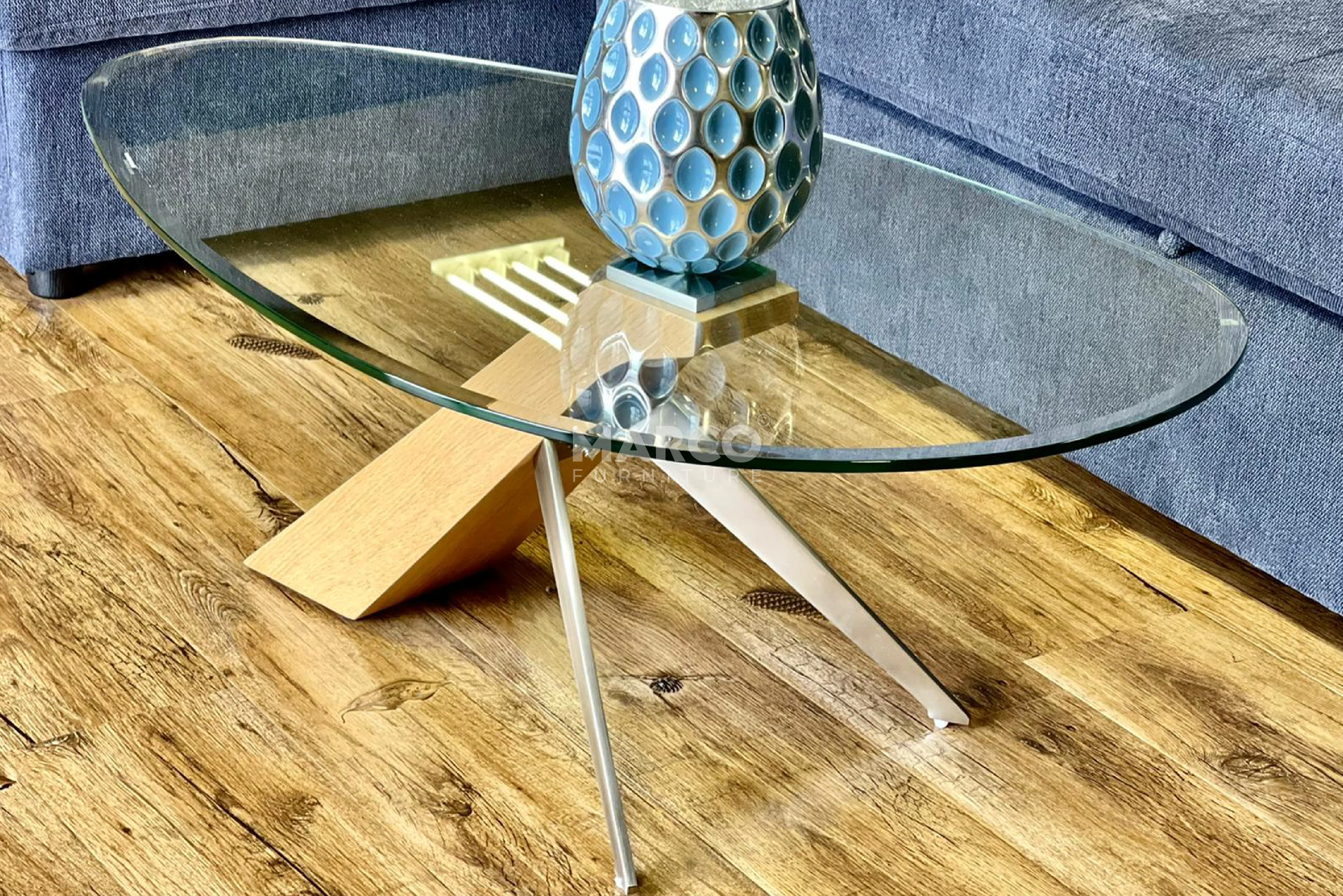 Arco Glass Coffee Table with Ash Wood Base and 12mm Tempered Glass Top - Image 5