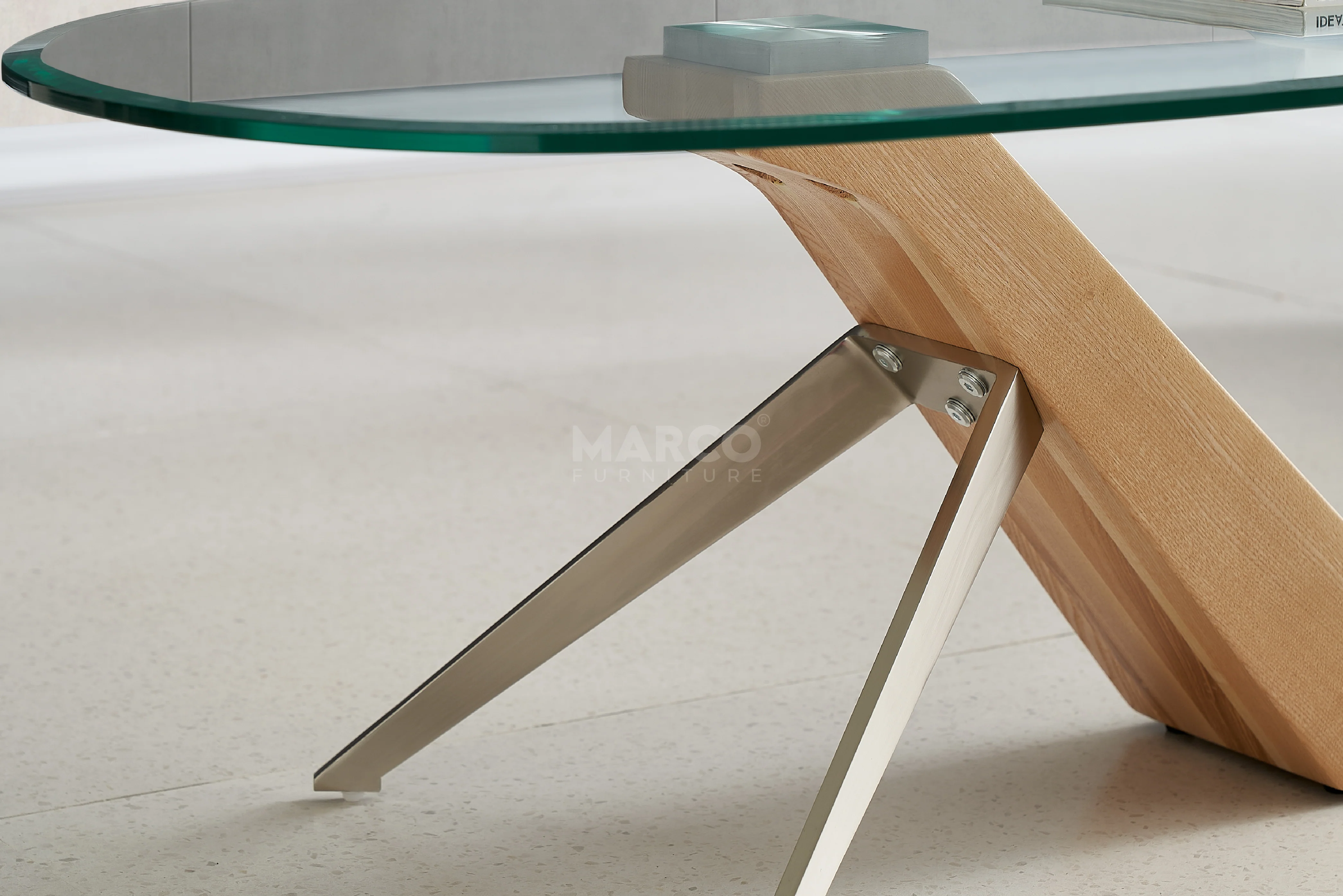 Arco Glass Coffee Table with Ash Wood Base and 12mm Tempered Glass Top - Image 6