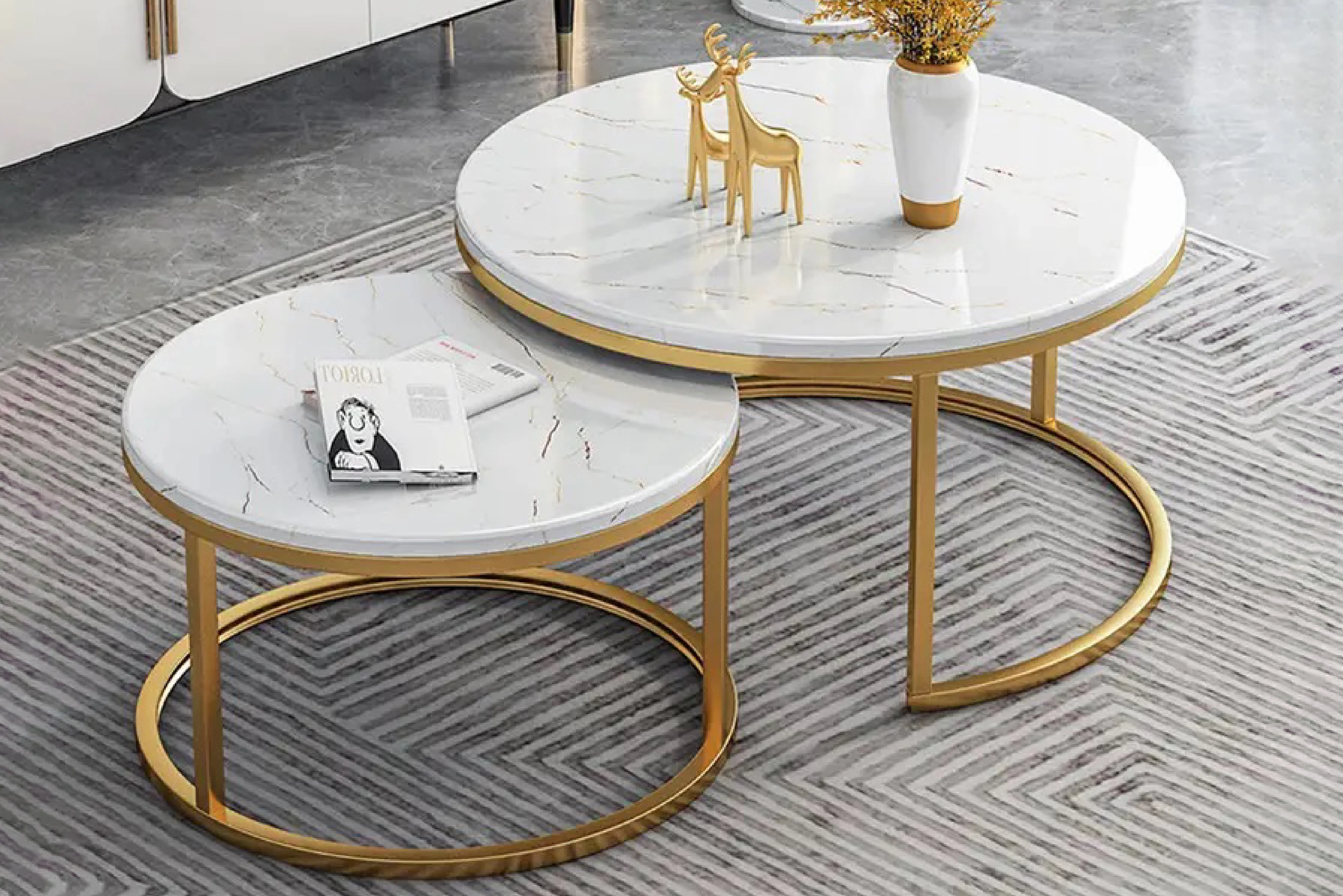 Proto Nesting Coffee Table with Marble Top and Stainless Steel Gold Base - Image 3