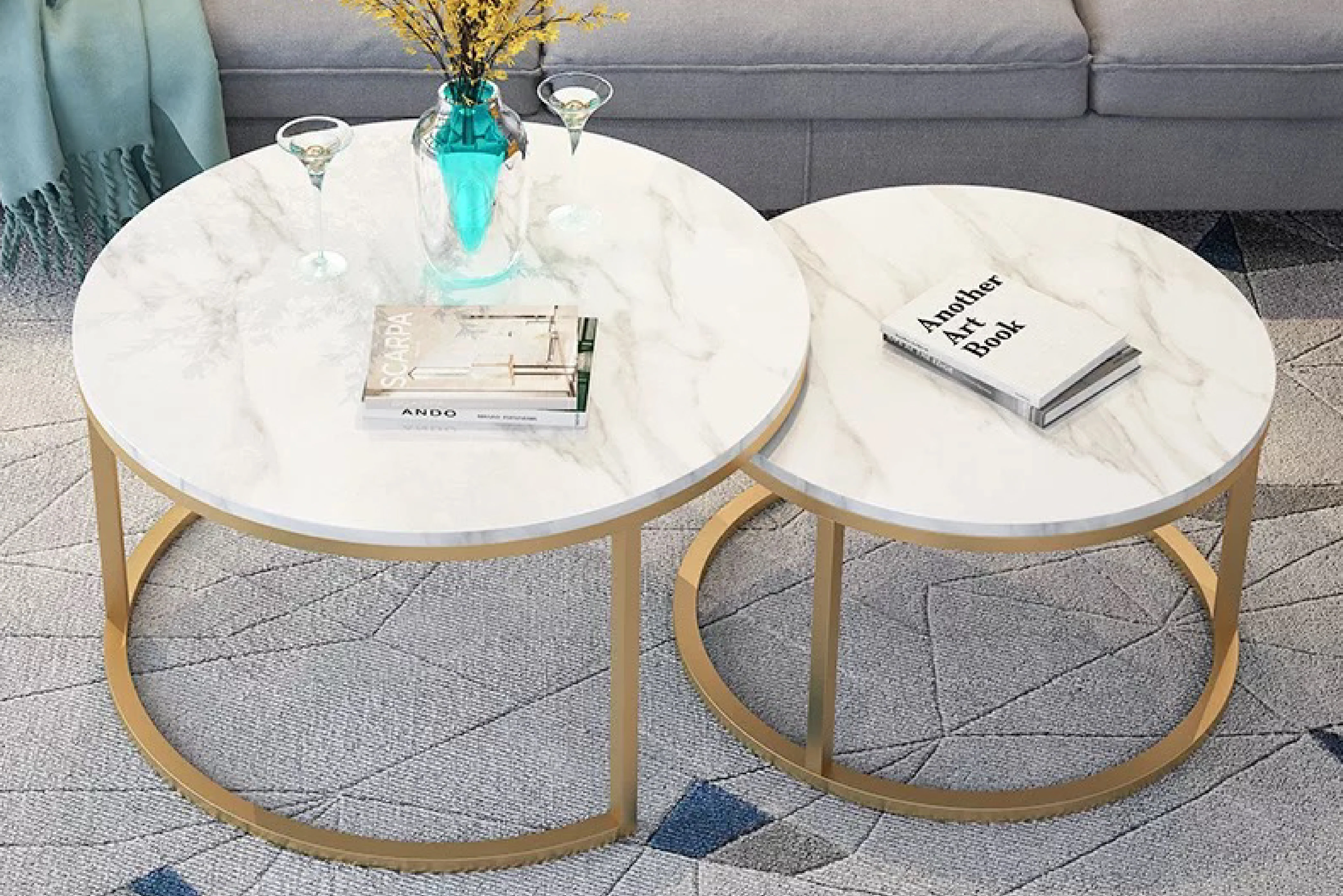 Proto Nesting Coffee Table with Marble Top and Stainless Steel Gold Base - Image 5