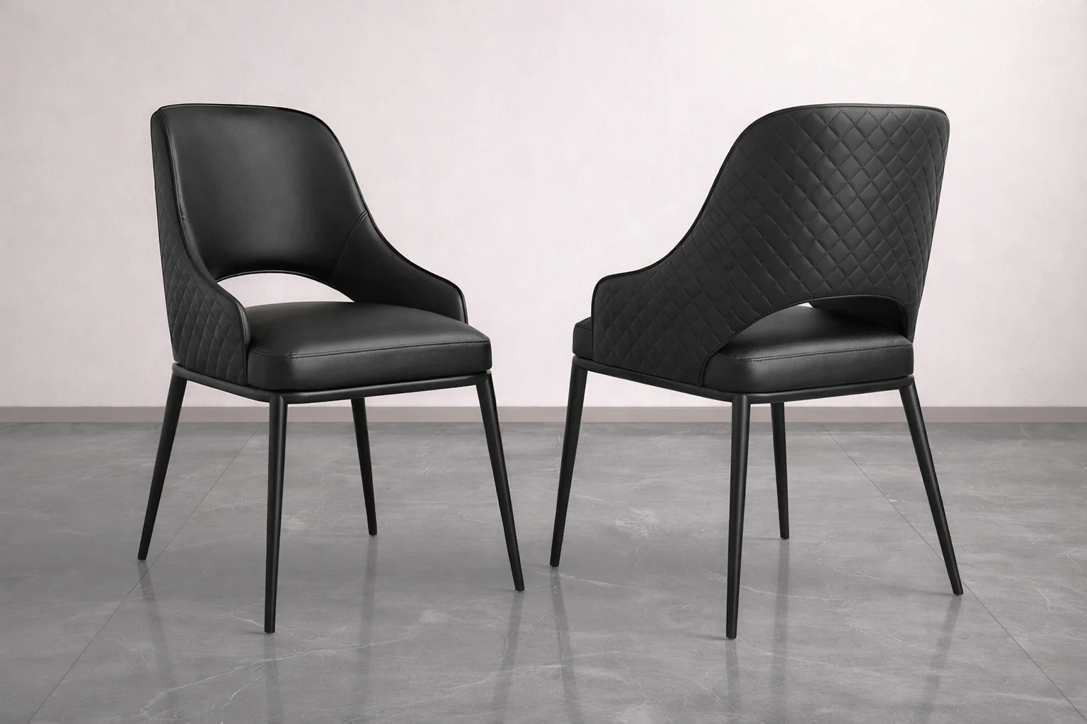 Prada Curved Back Black Leather Dining Chair with Metal Legs