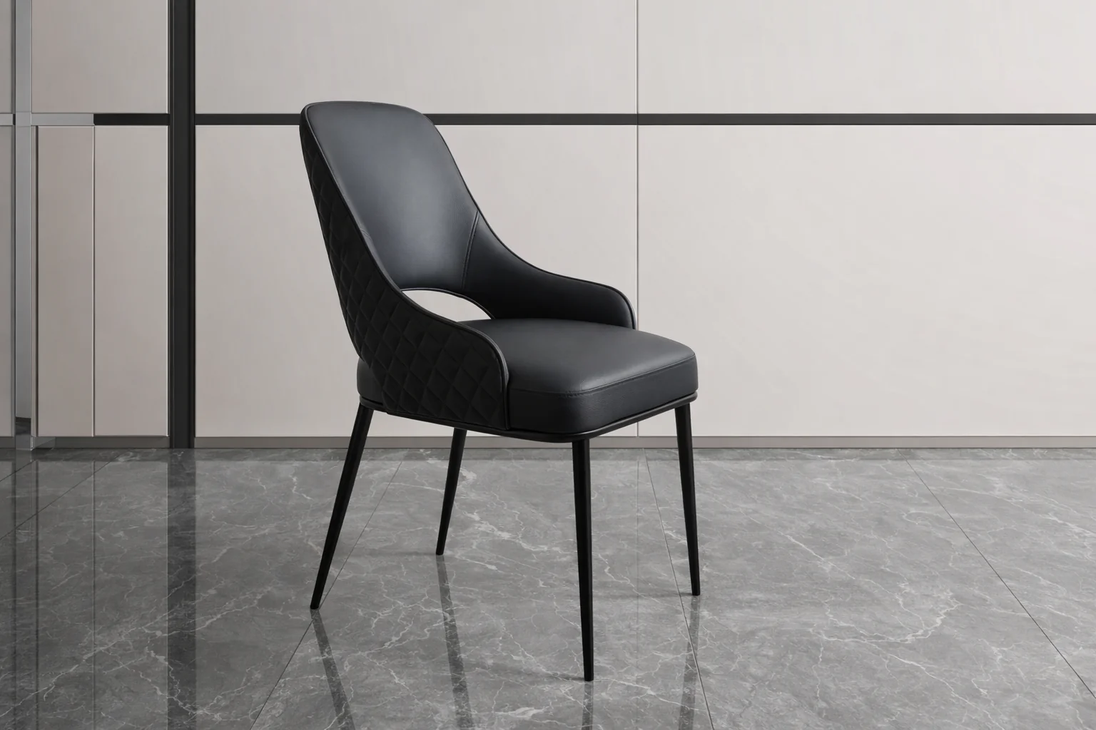 Prada Curved Back Black Leather Dining Chair with Metal Legs - Image 2