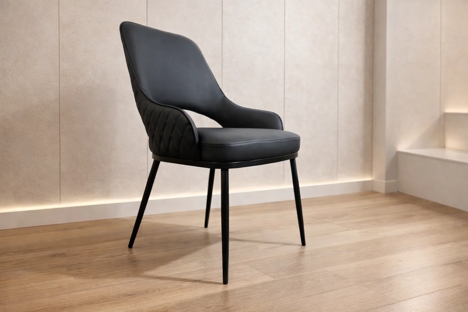 Prada Curved Back Black Leather Dining Chair with Metal Legs - Image 3