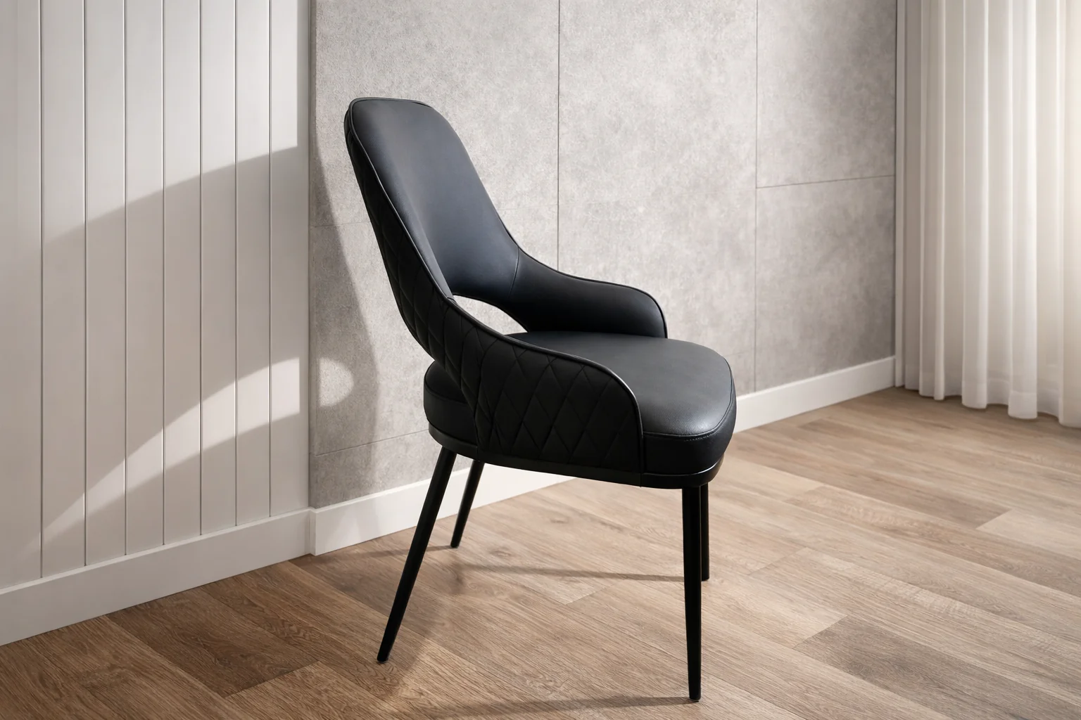 Prada Curved Back Black Leather Dining Chair with Metal Legs - Image 8