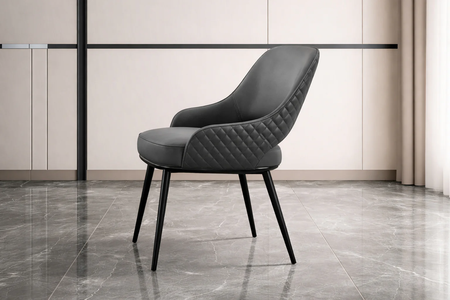 Prada Curved Back Black Leather Dining Chair with Metal Legs - Image 9