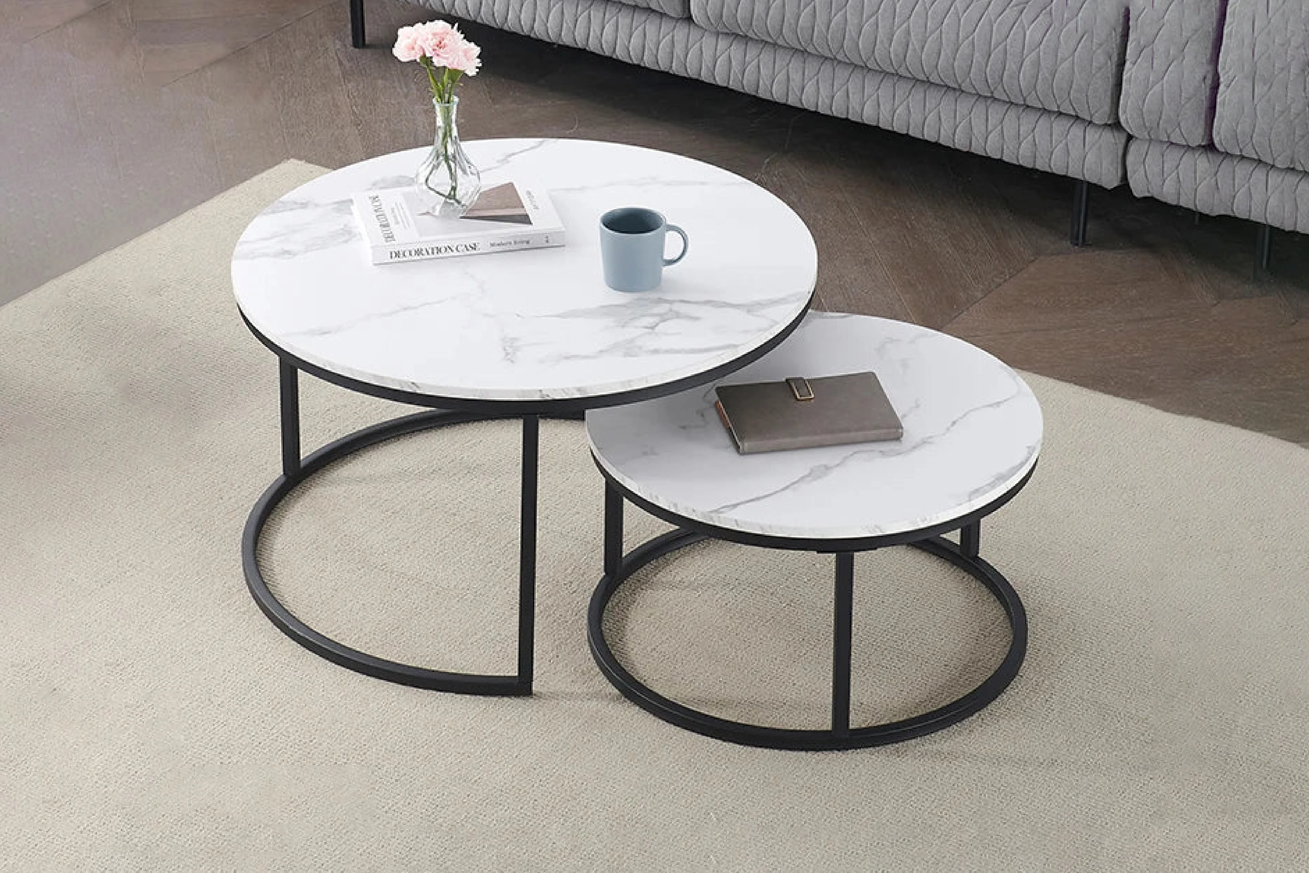 Proto Nesting Coffee Table with Sintered Stone Top and Black Metal Base