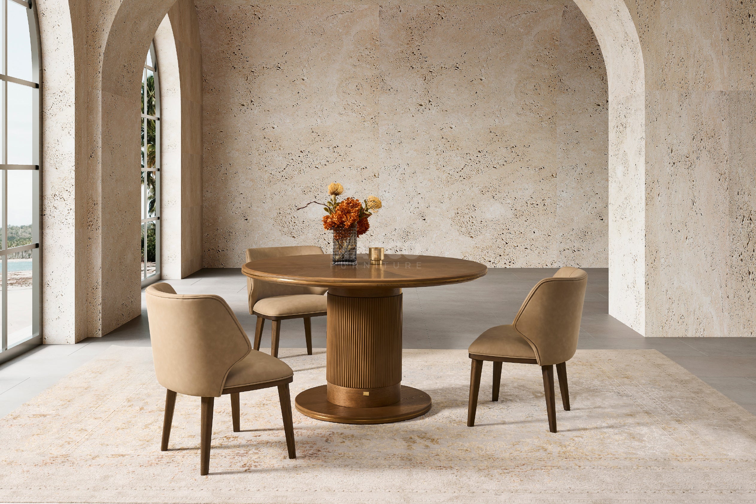 Roma Ash Veneer Round Dining Table in Walnut Brown Colour - Image 3