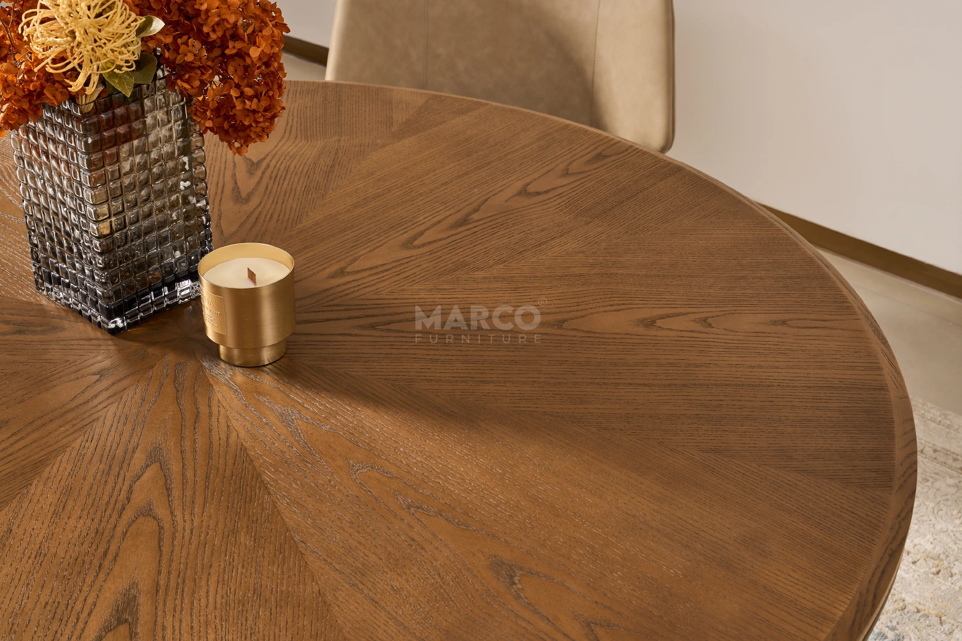 Roma Ash Veneer Round Dining Table in Walnut Brown Colour - Image 4
