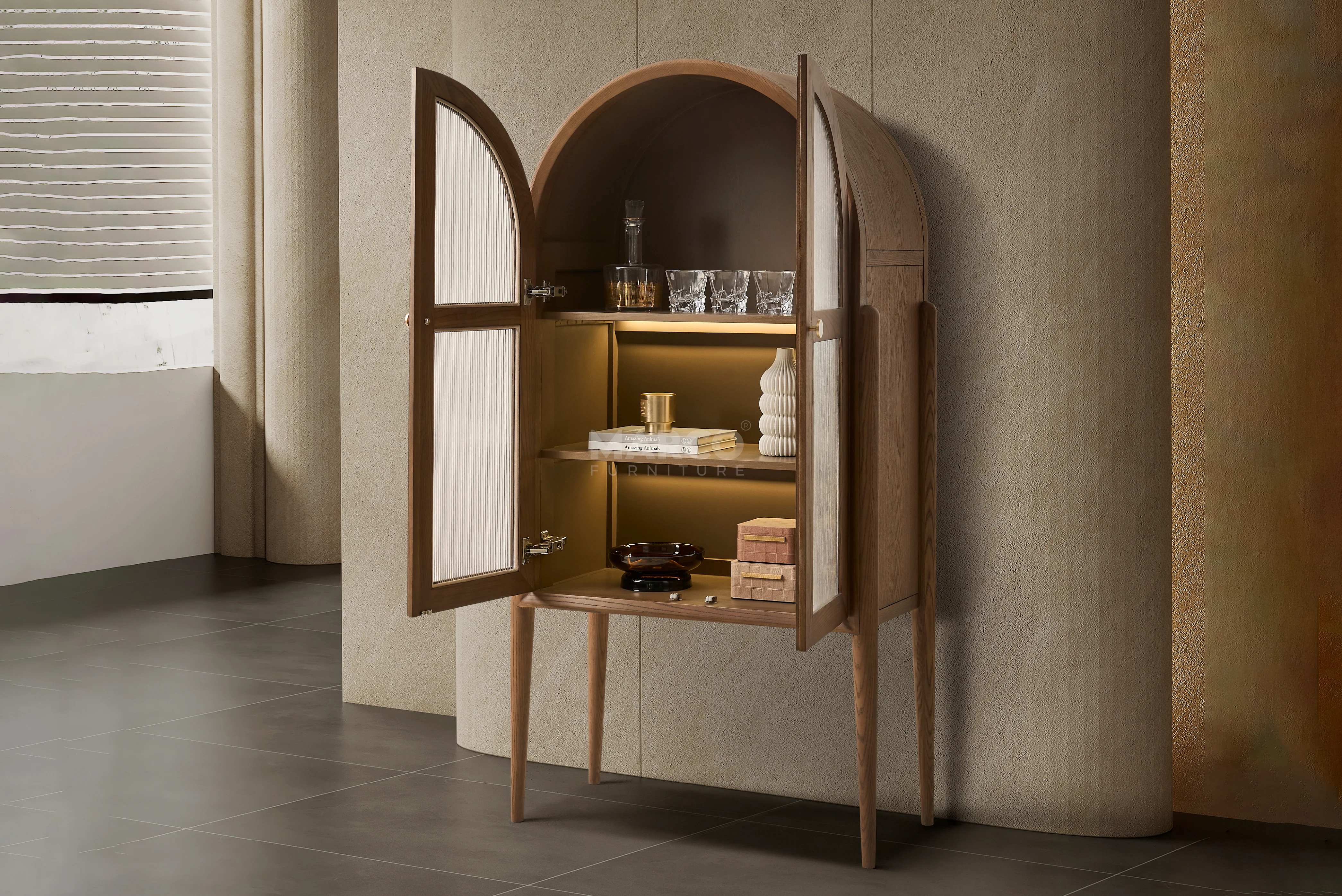 Roma Ash Veneer Wine Cabinet – Arched Bar Cabinet with Wooden Shelves - Image 3