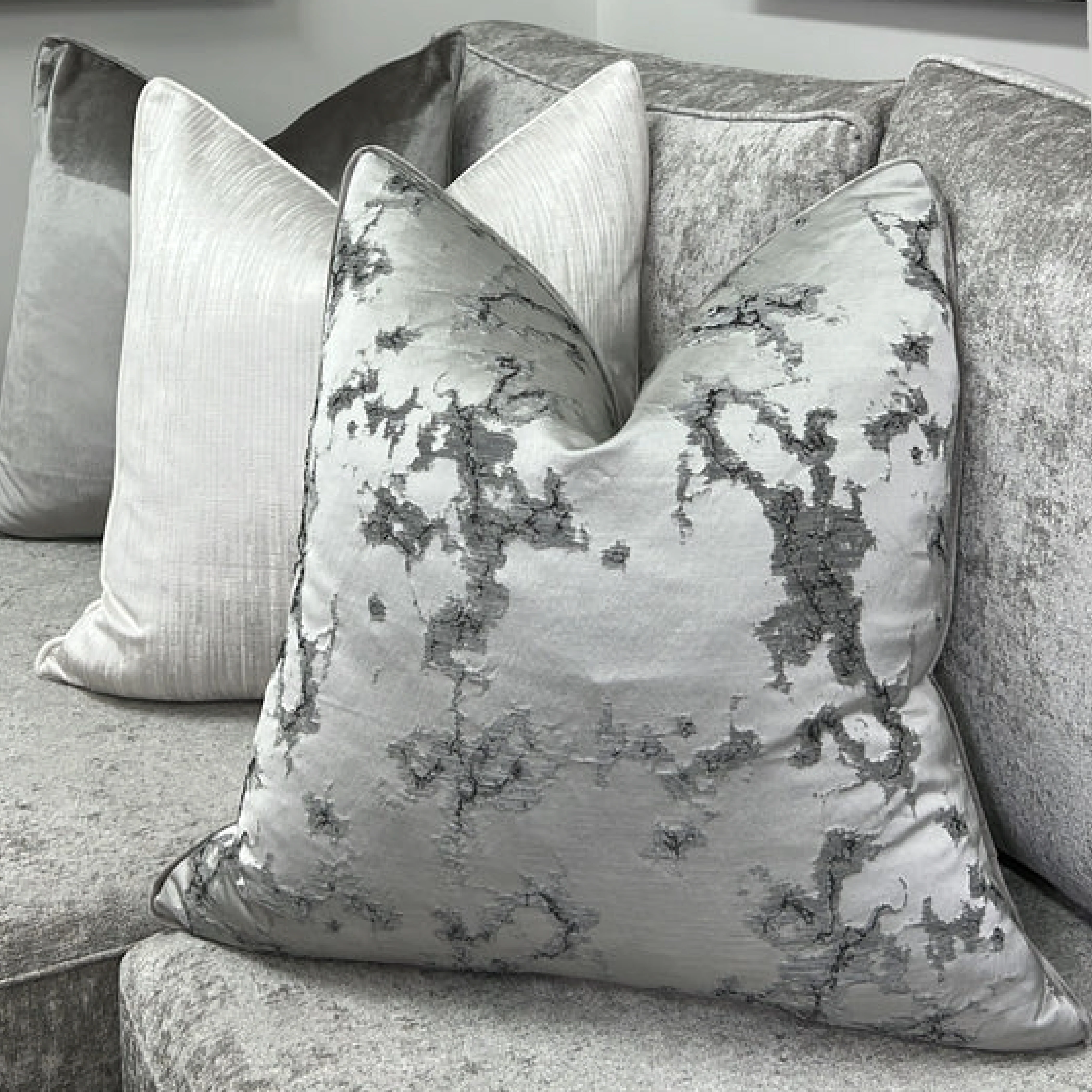 Silver Marble Effect Designer Feather-Filled Cushion - Image 2