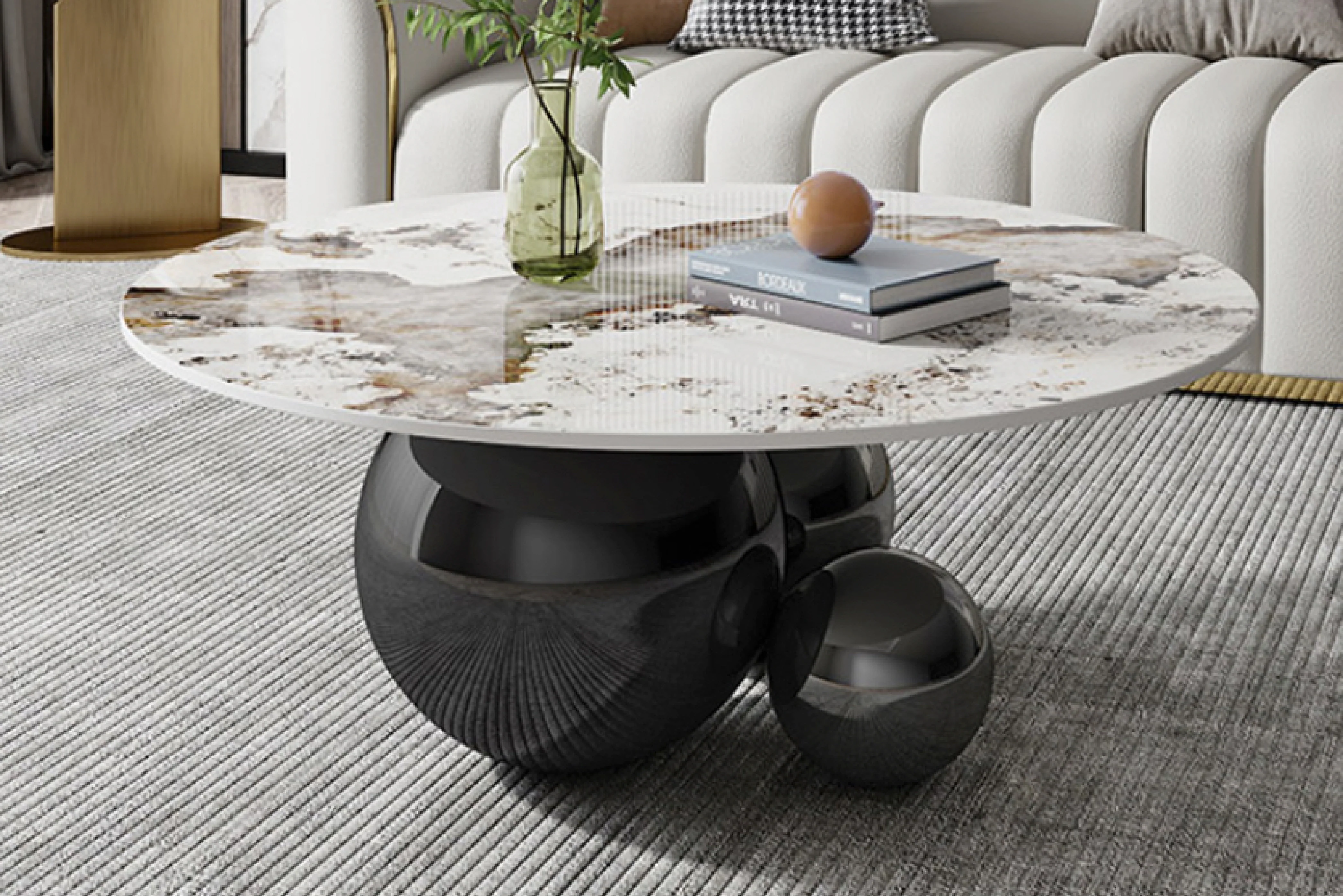 Spigola Round Coffee Table in Black with Sintered Stone Top and Stainless Steel Base - Image 3