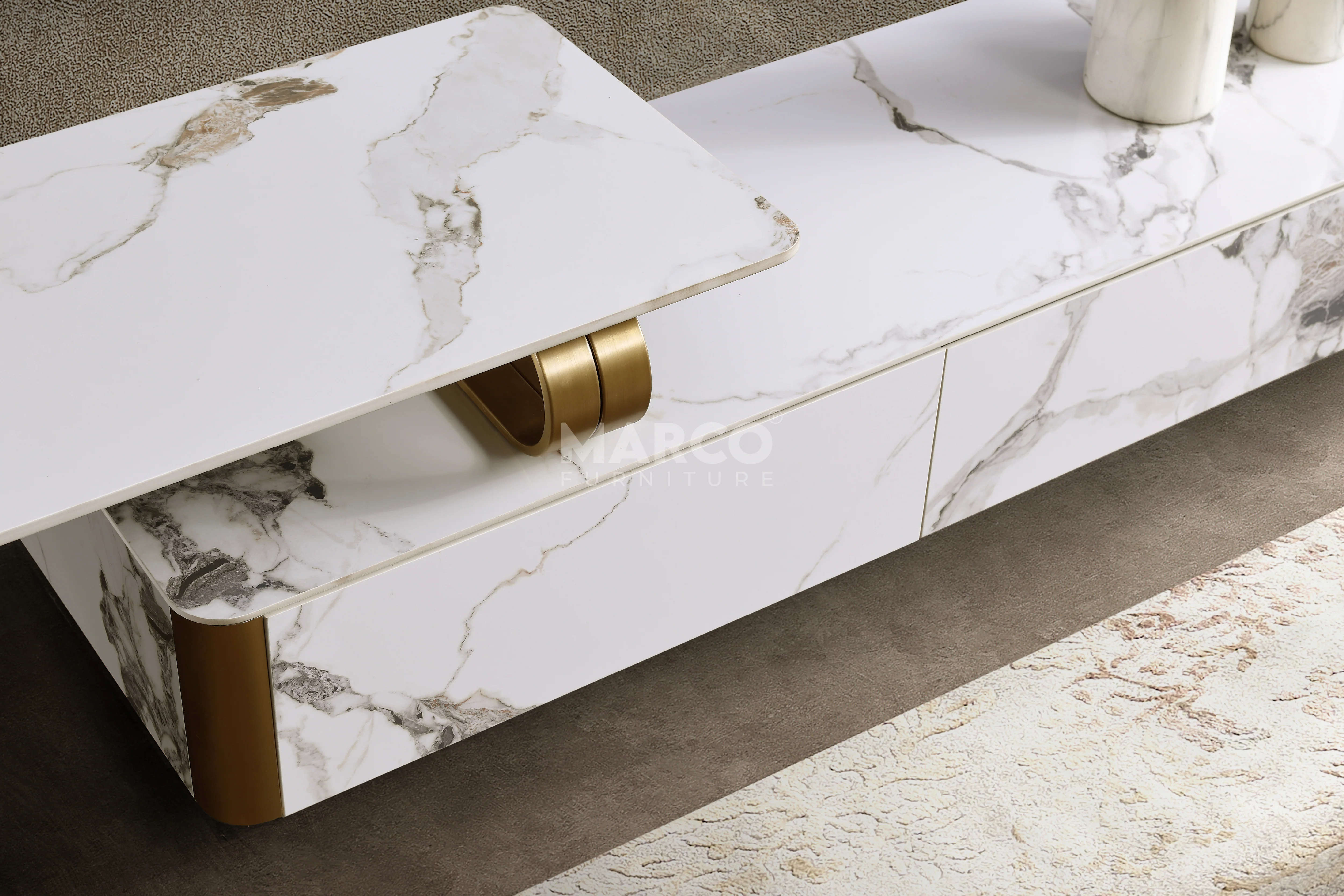 Vittoria Sintered Stone Extendable TV Unit -  Gold Stainless Steel Base - Image 10