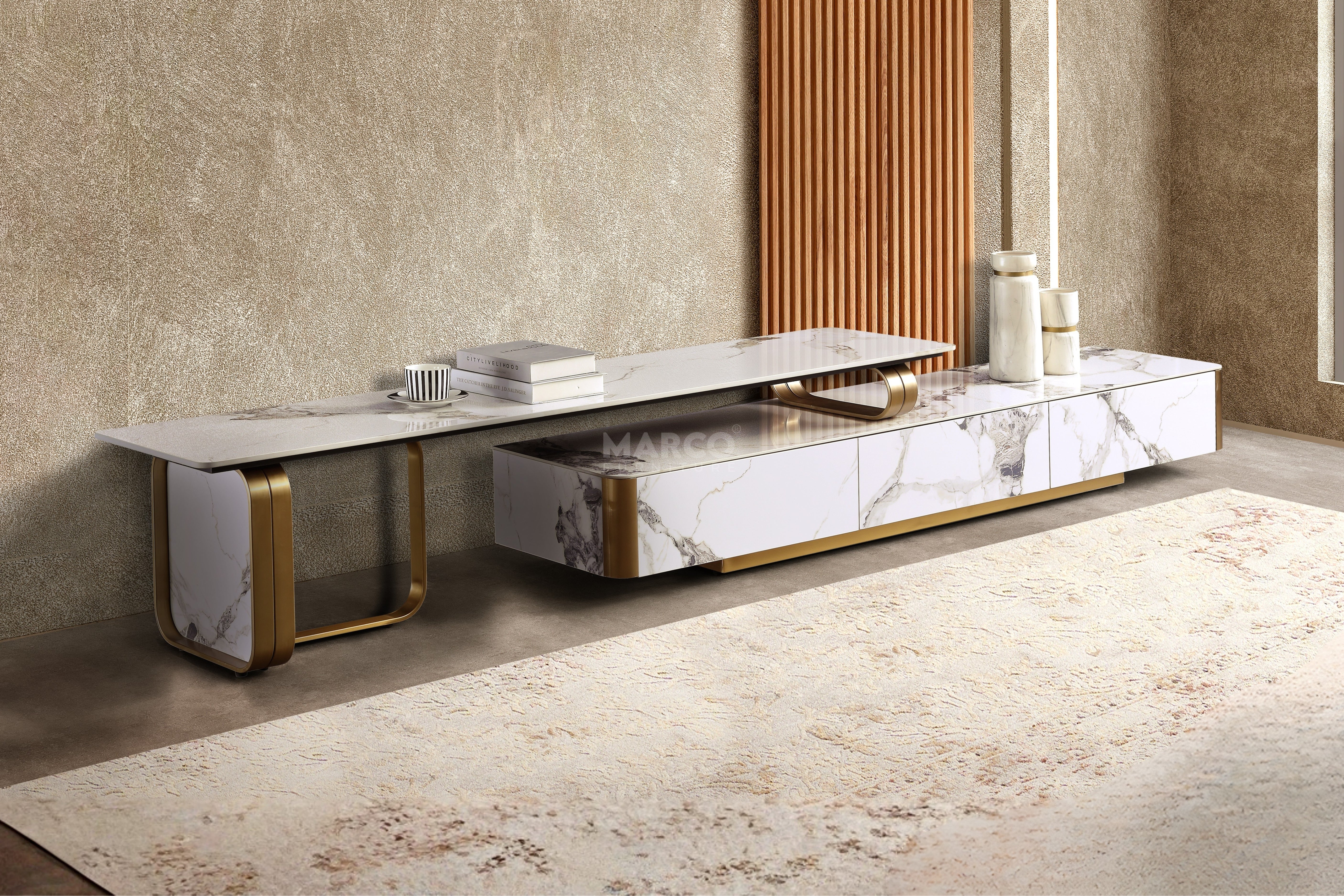 Vittoria Sintered Stone Extendable TV Unit -  Gold Stainless Steel Base - Image 3
