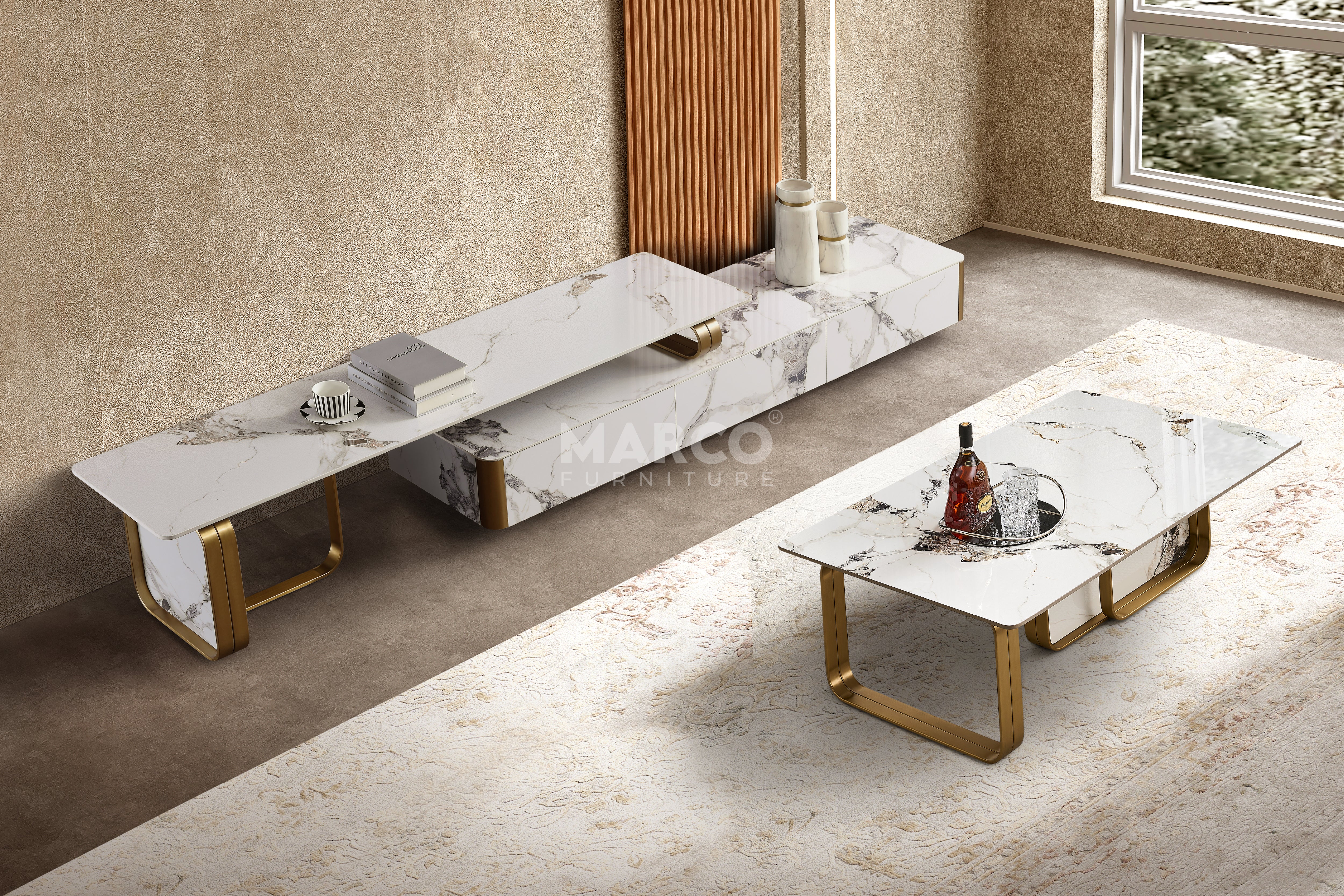 Vittoria Sintered Stone Extendable TV Unit -  Gold Stainless Steel Base - Image 4
