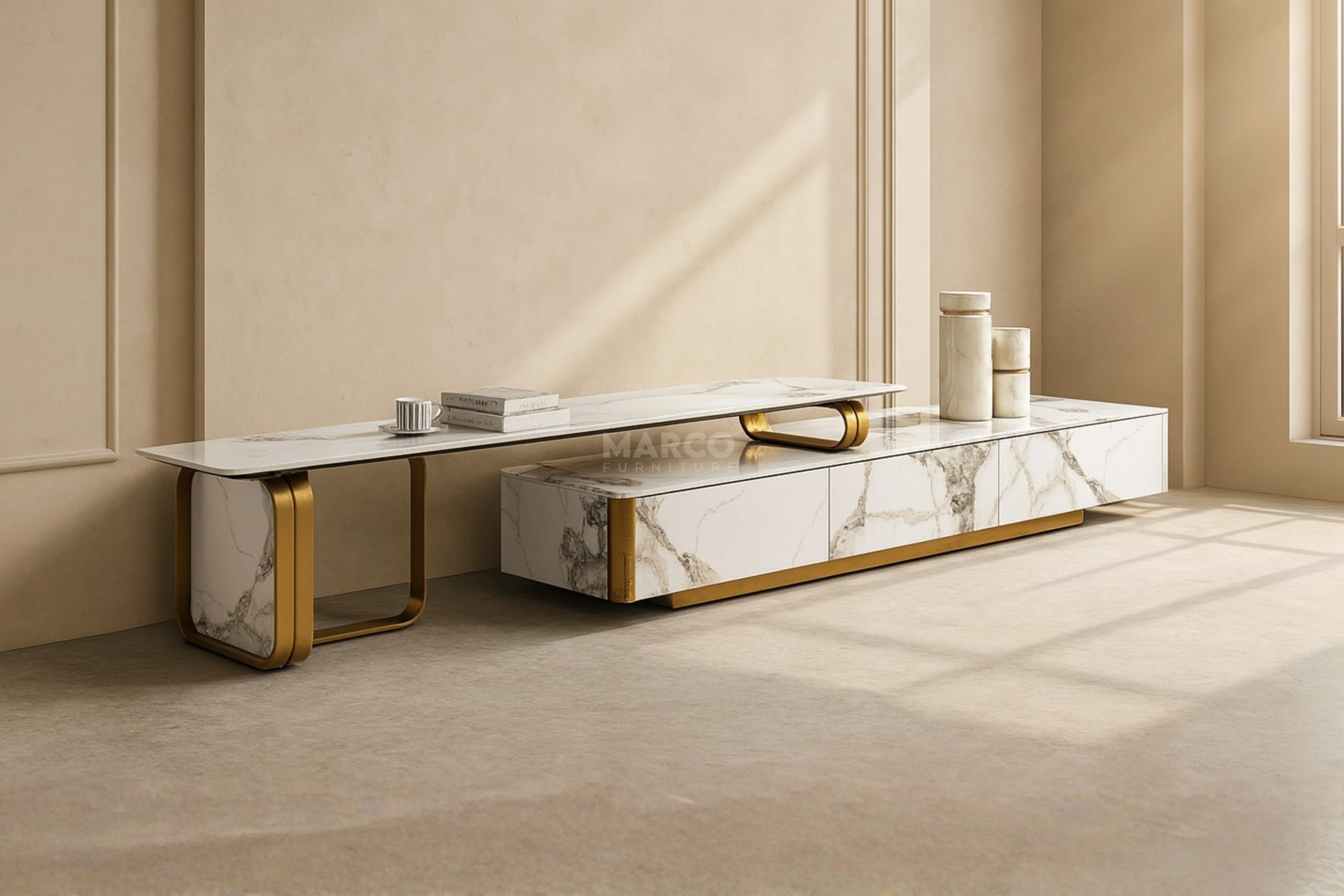 Vittoria Sintered Stone Extendable TV Unit -  Gold Stainless Steel Base - Image 5