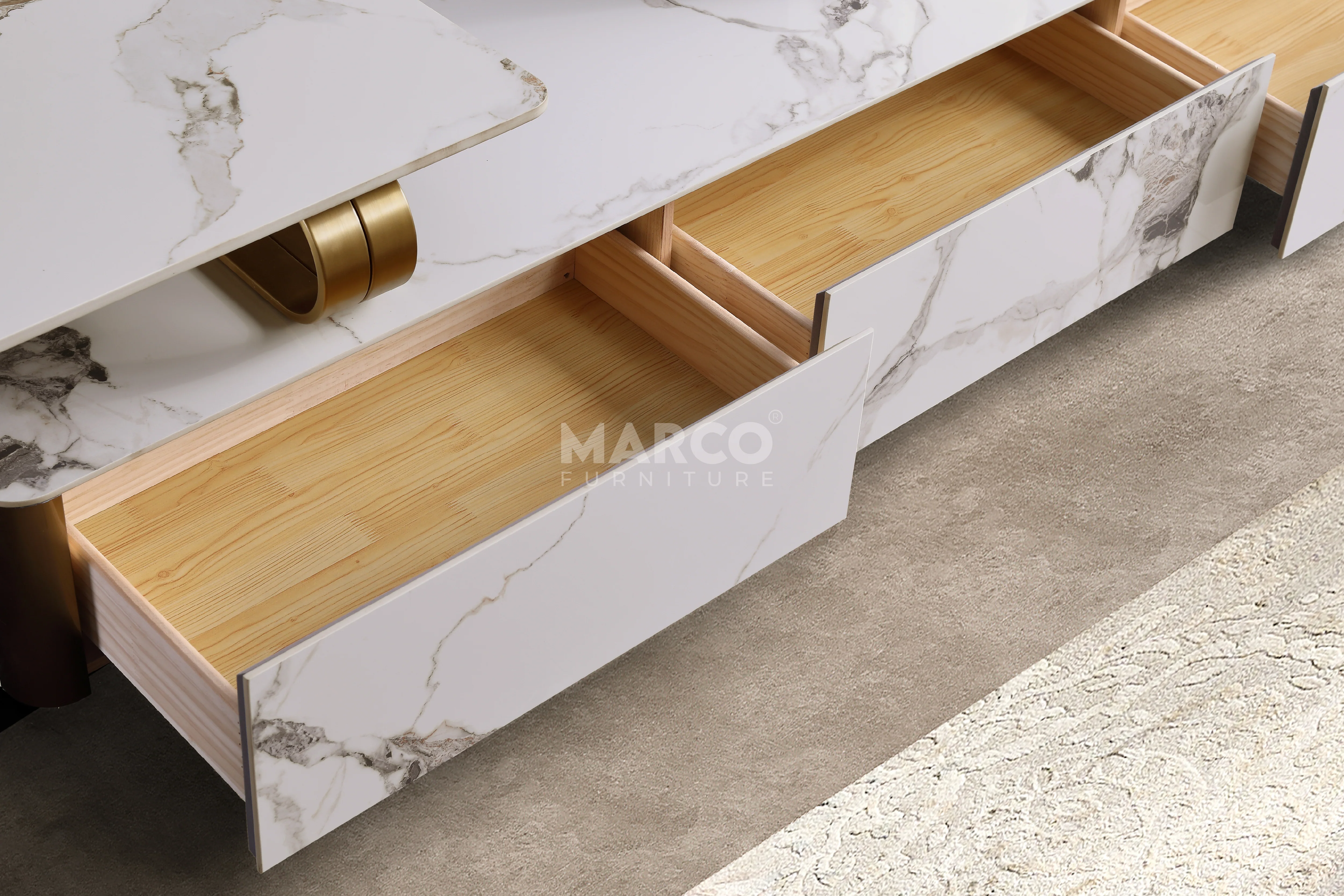 Vittoria Sintered Stone Extendable TV Unit -  Gold Stainless Steel Base - Image 8